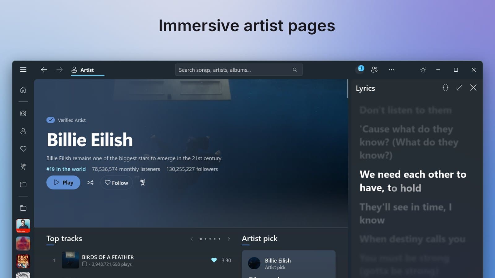 Immersive artist pages with live lyrics