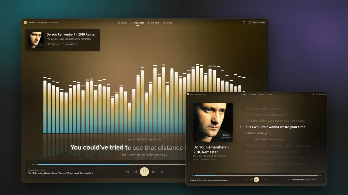 Full-screen view with the Spectrum visualizer and the lyric line over it