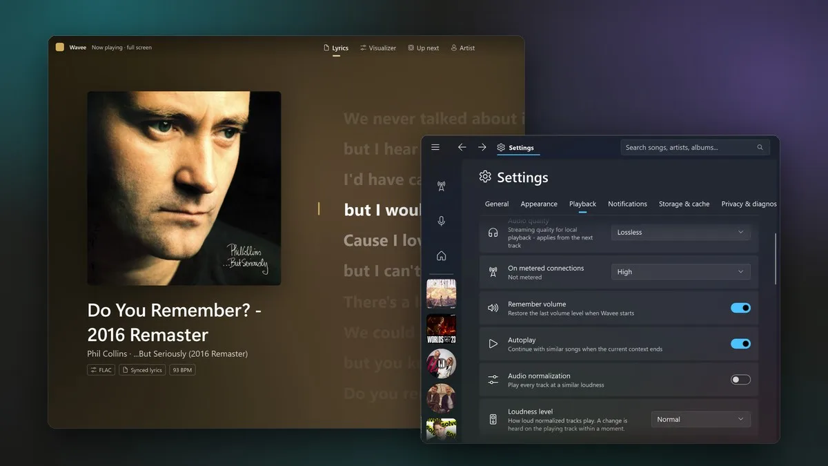 Lossless FLAC playing, with the quality badge and normalization settings
