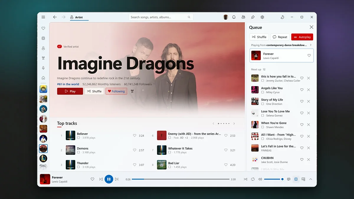 An artist page in the artist's own colour, with the queue panel beside it